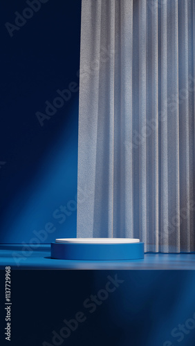 in portrait curtain backdrop, 3d render image empty scene blue color curved cylinder podium