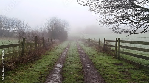 misty morning in the countryside, with a dirt path lined by wooden fences and dew-covered grass. photo