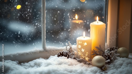 An atmospheric Winter Solstice scene with glowing candles and seasonal decorations against a snowy window backdrop, macro shot, Cozy style photo