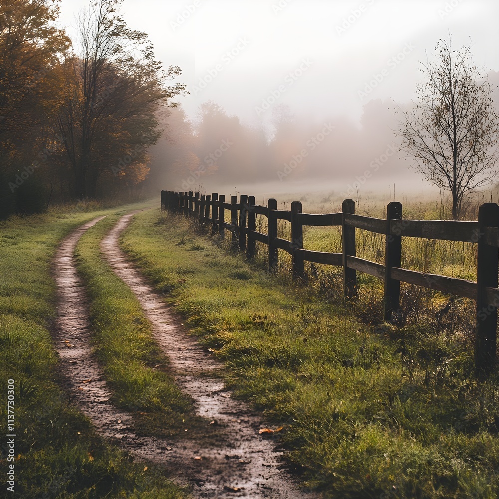 Fototapeta premium misty morning in the countryside, with a dirt path lined by wooden fences and dew-covered grass.