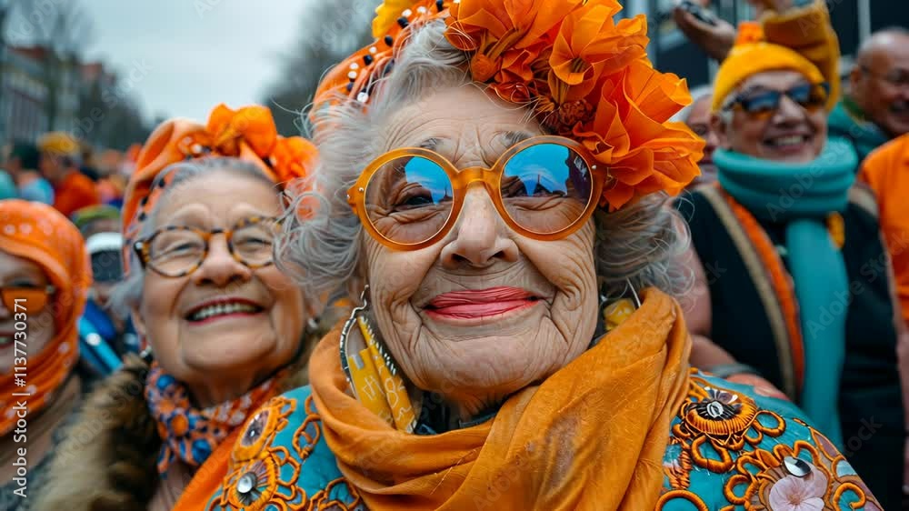 Koningsdag, Dutch Kings Day, Colorful celebration in the city with joyful elderly women dressed in vibrant orange attire