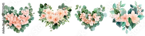 Valentine A collection of beautiful floral arrangements featuring pink blossoms and green leaves, perfect for spring designs.