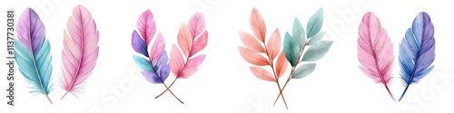 Valentine A collection of vibrant, colorful feathers in pink, blue, and green shades, perfect for artistic and creative projects.