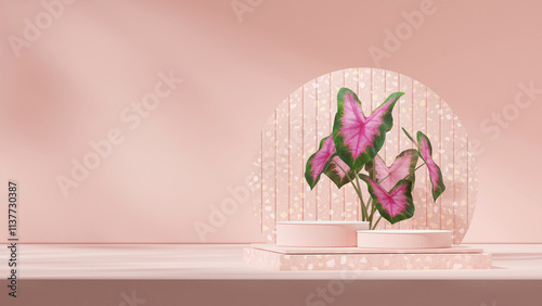 rendering 3d blank mockup pink color block and cylinder podium in landscape circle backdrop