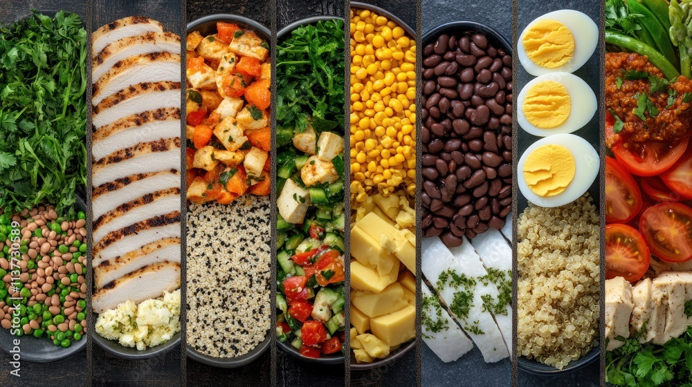 Fototapeta premium Colorful food prep bowls with healthy ingredients.