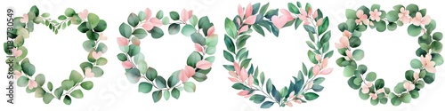 Valentine Beautiful watercolor floral wreaths featuring green leaves and pink flowers, perfect for invitations and decorative designs.