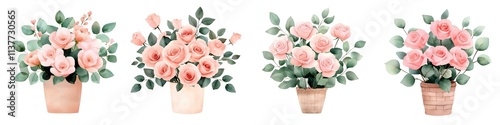 Valentine Beautiful watercolor flowers in pots, featuring soft pink roses and lush green leaves, perfect for home decor or floral designs.