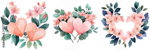 Valentine Beautiful watercolor hearts with floral arrangements, perfect for romantic designs and celebrations, adding a touch of love.