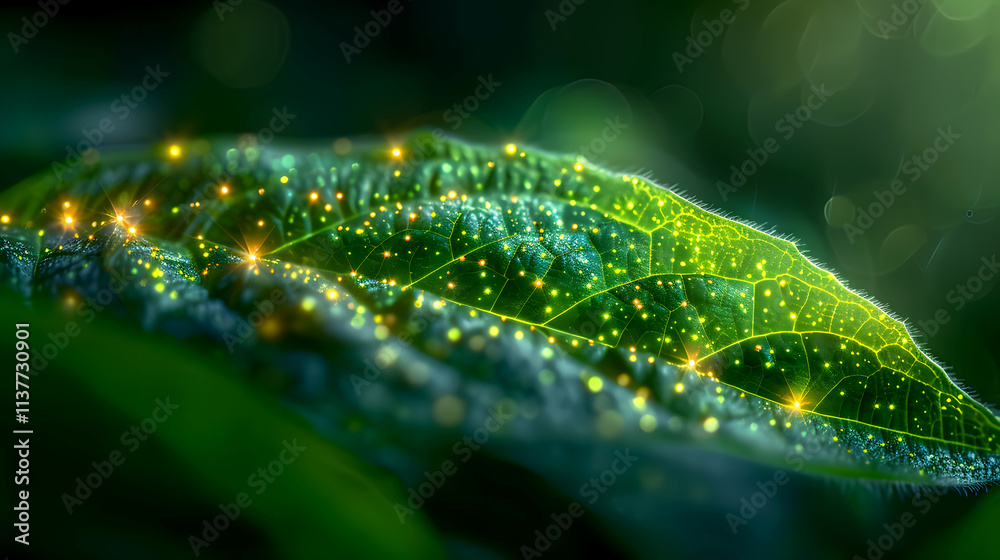 Close-Up of Dewy Leaf with Sparkling Light Effects in Nature Close-Up of Dewy Leaf with Sparkling Light Effects in Nature