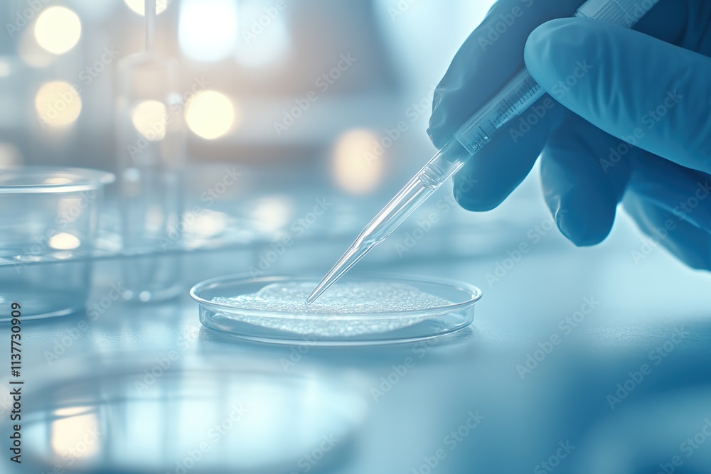 Hands pipetting gel into petri dish for cell culture
