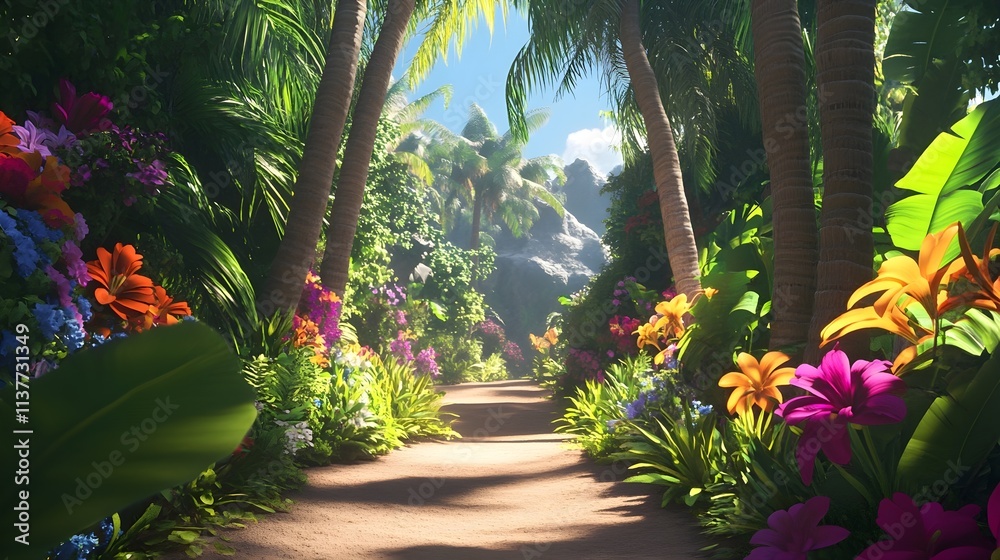 lush jungle path surrounded by towering palms and brightly colored tropical flowers. lush jungle path surrounded by towering palms and brightly colored tropical flowers.