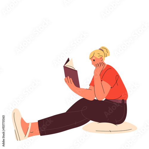 Woman read book on pillow. Vector female reading text in comfort. Literature fiction and nonfiction leisure. Lady student study. Female reader activity. Knowledge and learning clipart.People education