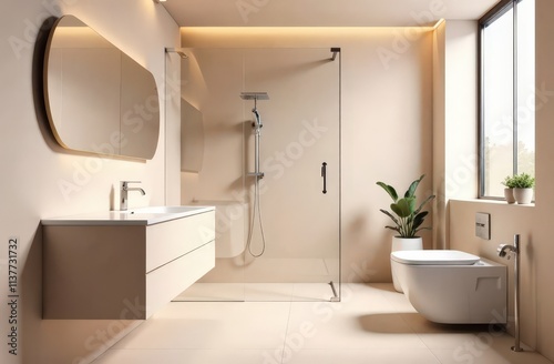 Soft beige and peach powders float gently with fluffy, bathroom, interior