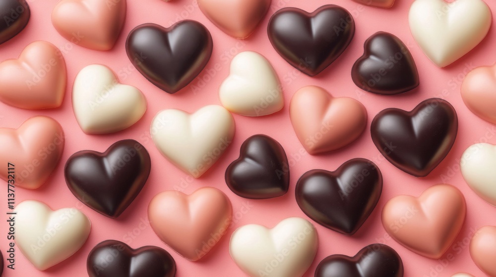 Fototapeta premium Assorted Heart Shaped Chocolates On Pink Background