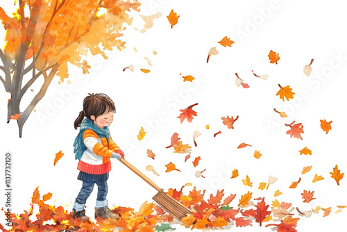 Illustration of a child raking autumn leaves in the yard during the fall season with colorful foliage placed on white or transparent background