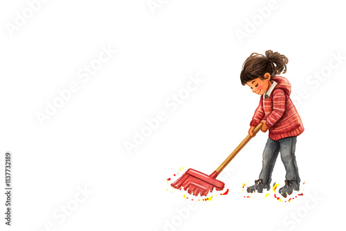 Illustration of a child raking autumn leaves in the yard during the fall season with colorful foliage, white or transparent background