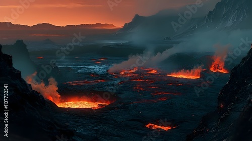 dramatic volcanic landscape with black lava fields, steaming vents, and a vivid orange glow from the crater.  photo