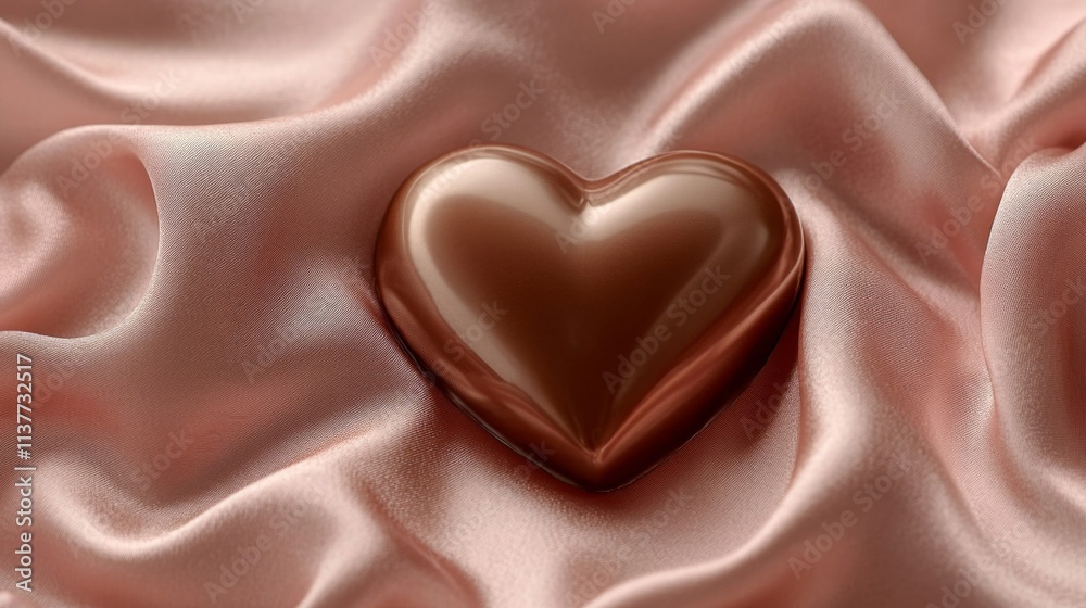 Chocolate Heart Rests On Soft Pink Satin Fabric Chocolate Heart Rests On Soft Pink Satin Fabric