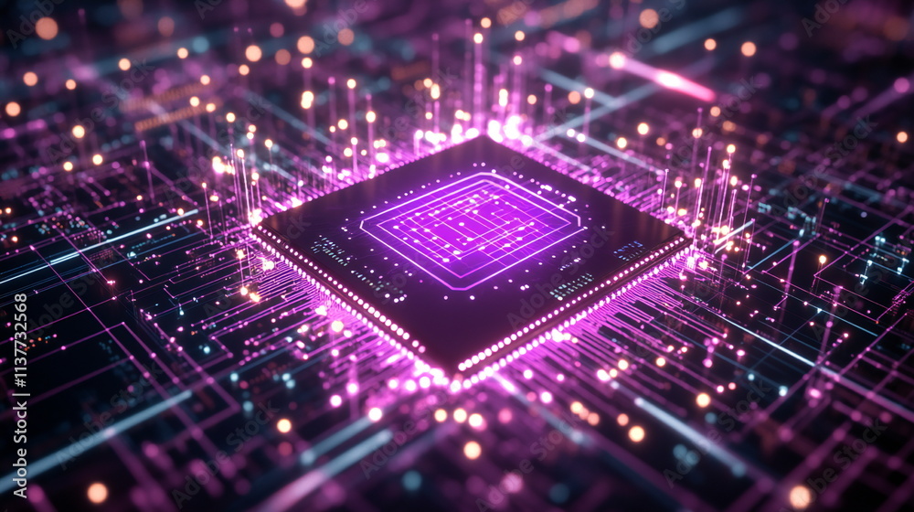 Obraz premium Exploration of advanced artificial intelligence technology through intricate circuit design illuminated by vibrant colors