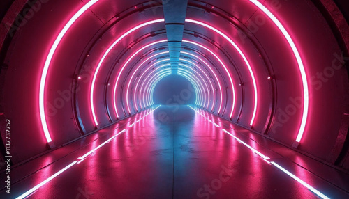 A futuristic neon-lit tunnel with symmetrical lines, evoking a sci-fi atmosphere