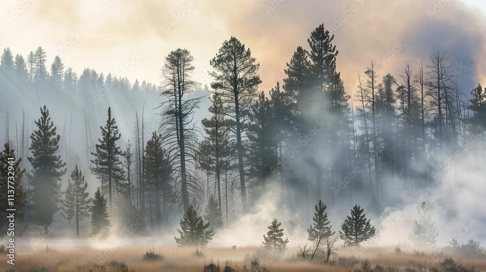 Obraz premium Background featuring a landscape of mountain pine trees in the fog during early spring or autumn. Ideal for screensavers or interior design.