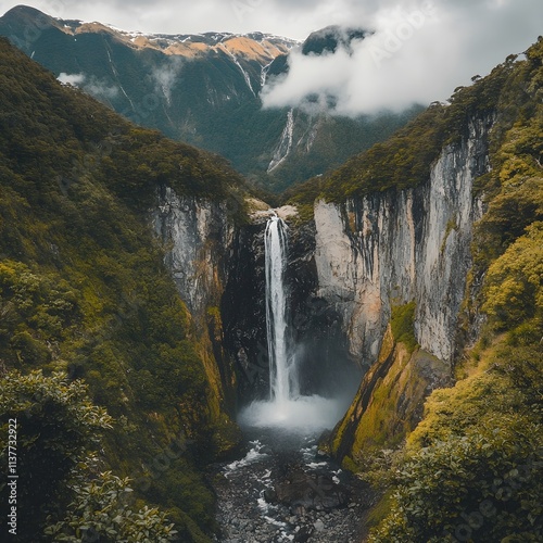 dramatic glacier-fed waterfall surrounded by rugged cliffs and lush vegetation photo