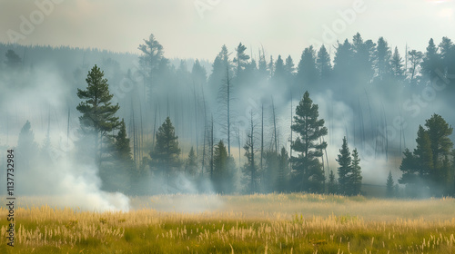 Background featuring a landscape of mountain pine trees in the fog during early spring or autumn. Ideal for screensavers or interior design.