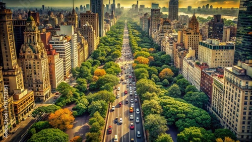 Vintage Aerial View Fifth Avenue Traffic Central Park 4K Photo - 1950s Style