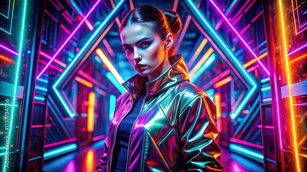 Obraz premium Neon Maze Fashion Photography: Abstract Dark Background, Psychedelic Patterns, Futuristic Style