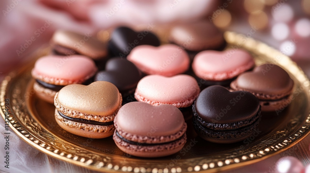 Delicious heart shaped macarons on a gold plate Delicious heart shaped macarons on a gold plate
