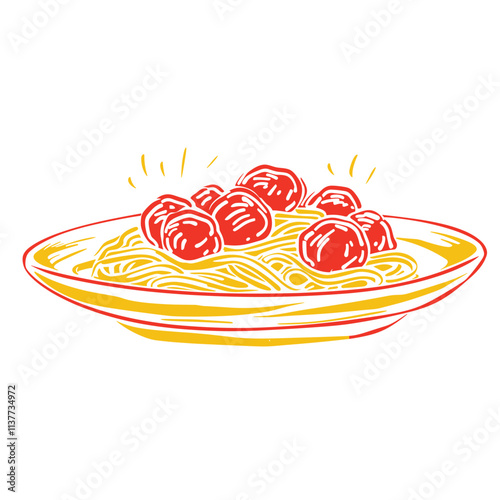 Cartoon spaghetti and meatballs on plate, bold lines.