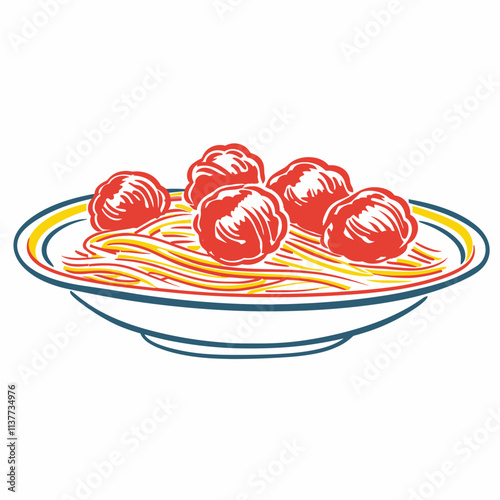 Cartoon spaghetti and meatballs on plate, bold lines.