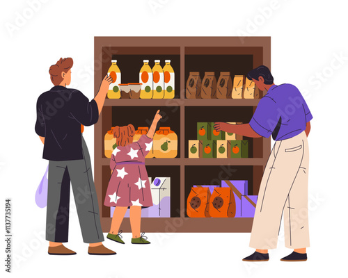 People at grocery store choosing beverages at shelf. Vector shop with dairy drinks, juice and coffee. Shoppers explore aisle with food items. Consumer, buyer and supermarket display. Shopping interior