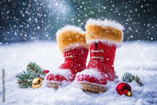 Gefüllte Kinderstiefel zum Nikolaus im Schnee photo