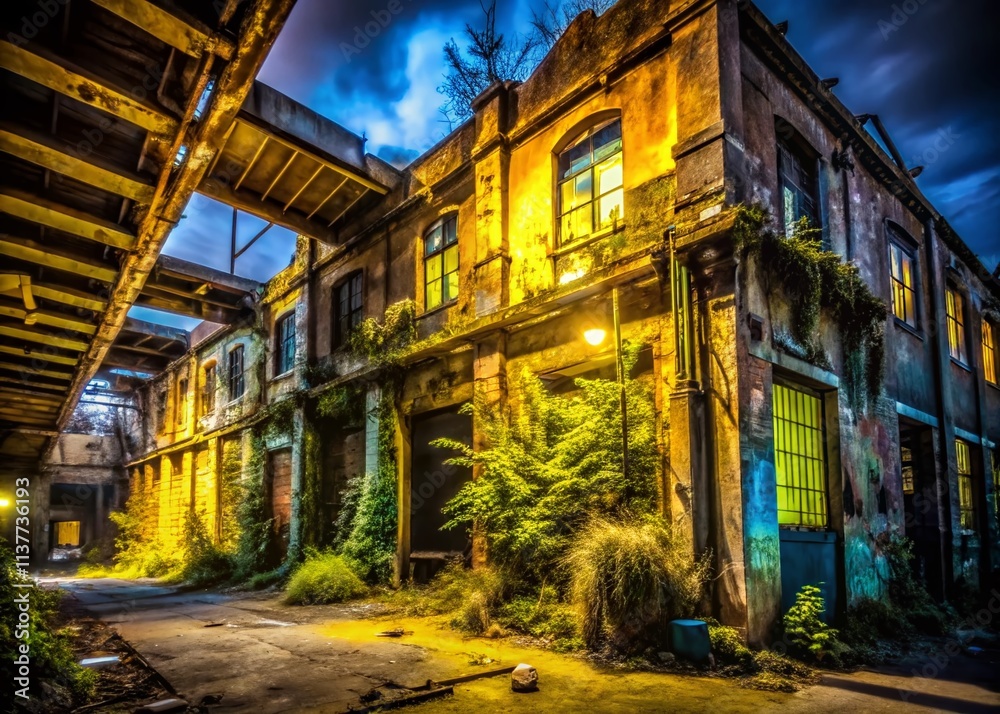 Fototapeta premium Neon Yellow Urban Exploration Photography: Grungy Cityscape, Abandoned Building, Graffiti Art, Dark Alley, Night Photography