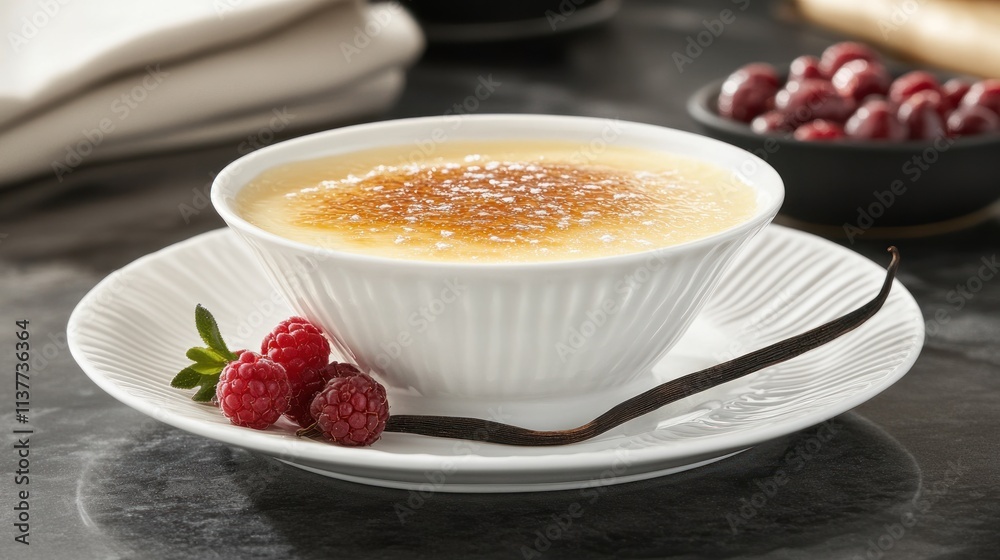 A creamy dessert topped with caramelized sugar, served with raspberries and vanilla. A creamy dessert topped with caramelized sugar, served with raspberries and vanilla.