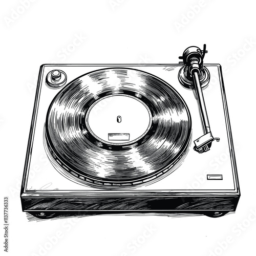 Detailed black and white turntable with vinyl record.