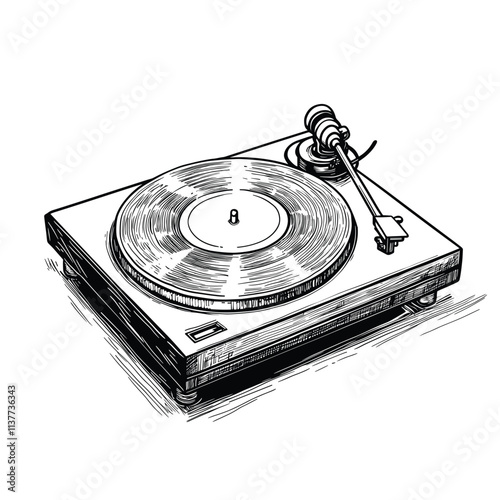 Detailed black and white turntable with vinyl record.