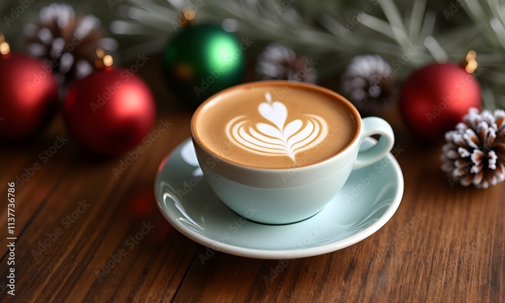 Melange coffee sits elegantly in a mint-colored cup, adorned with beautiful latte art. The warm tones create a cozy, festive atmosphere perfect for the holidays.