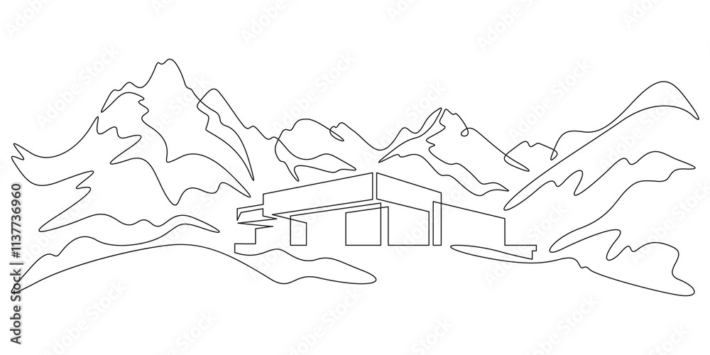 Obraz premium Continuous one line drawing small house on a hill. Modern house against the backdrop of mountains. Mountain landscape. Panorama.One continuous line isolated minimal illustration.Not AI.