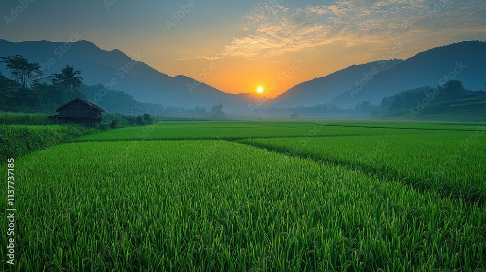 Fototapeta premium Serene Mountain Landscape at Sunset with Rice Field