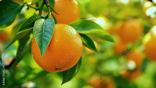 Orange citrus fruits, vibrant green leaves, sunlit orchard, close-up nature photography, bokeh background