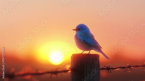 A vibrant bluebird standing on a fence post with a sunset in the background.