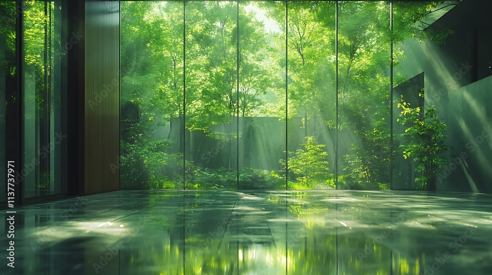 Fototapeta premium A stunning villa in the heart of a dense forest, sleek minimalist design with glass walls reflecting the greenery, warm wooden textures blending seamlessly with nature,