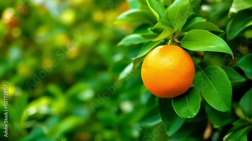 Vibrant orange fruit, Lush green leaves, Citrus tree, Shallow depth of field, Sunlit orchard, Close-up nature photography