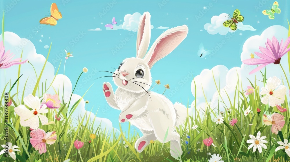 Create a playful vector illustration of a rabbit jumping through a meadow, surrounded by flowers and butterflies. 