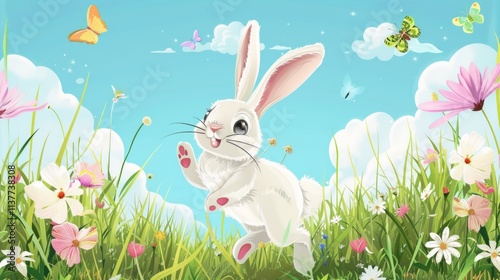 Create a playful vector illustration of a rabbit jumping through a meadow, surrounded by flowers and butterflies. 