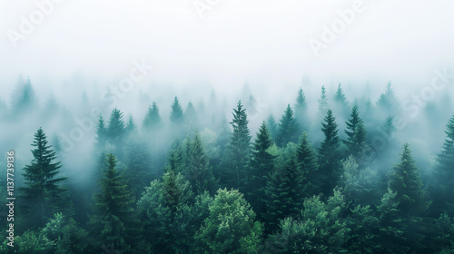 Background featuring a landscape of mountain pine trees in the fog during early spring or autumn. Ideal for screensavers or interior design. photo