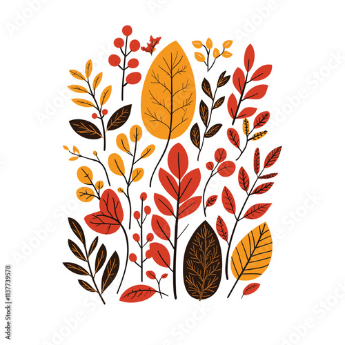 Stylized autumn leaves in shades of red, orange, and brown.