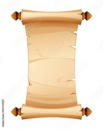 Vintage blank parchment scroll with wooden rods on the edges for writing or decoration. Vector cartoon illustration